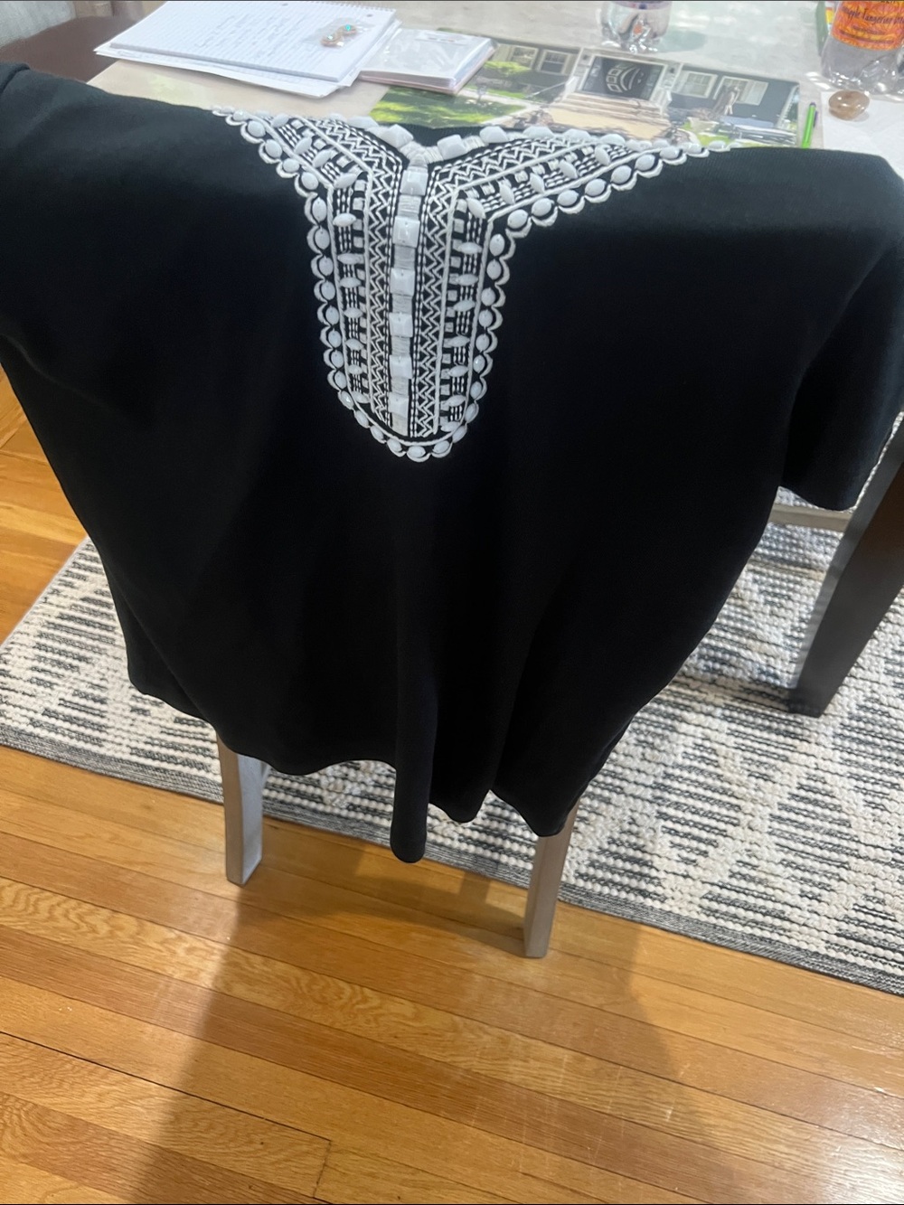 Rafaella Black Top with White Embroidered V-Neck